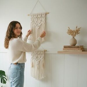 Boho Macrame Wall Hanging Set‎ of 2 – Off-White/Cream Handmade Fiber Art